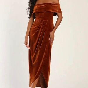 Lulus I'm Enchanted Rust Orange Velvet Off-the-Shoulder Maxi Dress